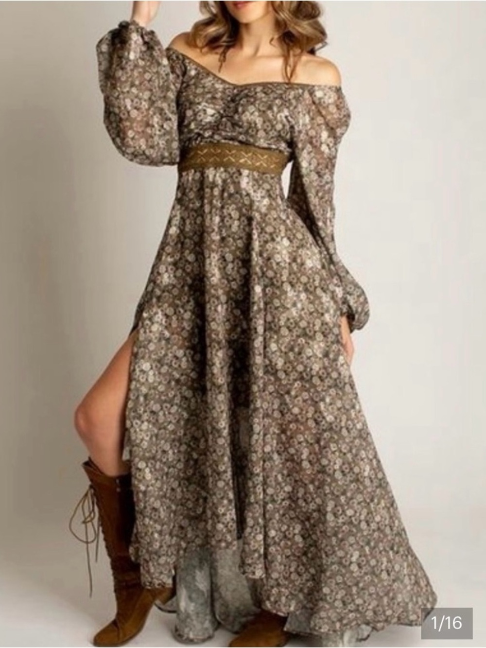 Joyfolie Mía Joy Boho Off-Shoulder Floral Maxi Dress in Olive Brown